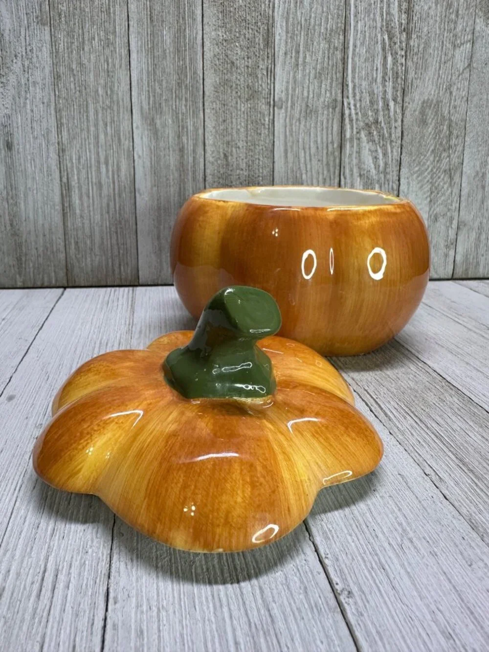 Vtg Ceramic Orange Pumpkin Jar with Lid 5